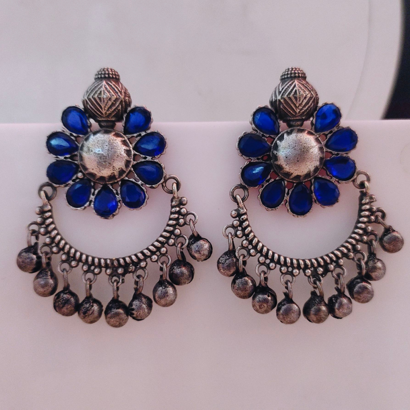 Exquisite Oxidized Silver alike Floral Chandbali Earrings with Colourful Stones