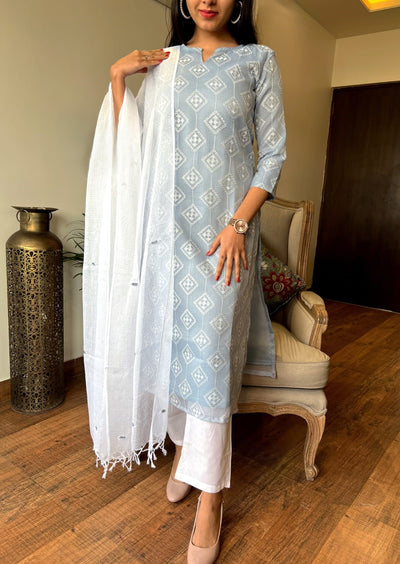 Grey Cotton Kurta Set in Kota Doria