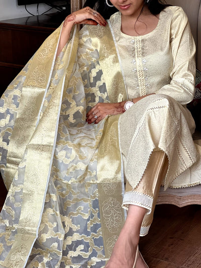 Off White Jacquard Brocade Banarsi Suit