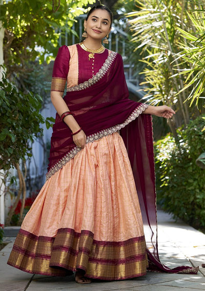 Peach and Maroon Zari Weaving Half Saree Lehenga