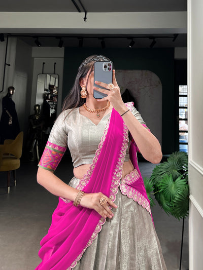 Silver Kanjivaram Jacquard Silk Half Saree Lehenga