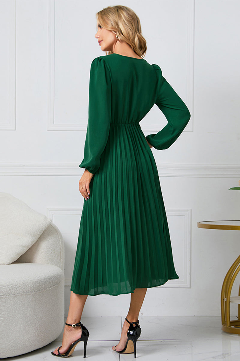 V-Neck Long Sleeve Tie Waist Midi Dress