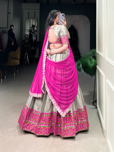 Silver Kanjivaram Jacquard Silk Half Saree Lehenga