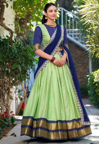 Pista Green Zari Weaving Half Saree Lehenga
