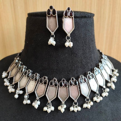 Ethnic Oxidised Silver alike Color stone Necklace Set