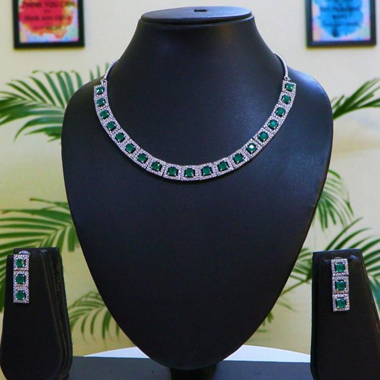 Emerald Glow: Green Stone CZ AD Classy Necklace Set