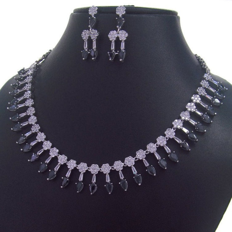 Zirconia Diamond Necklace Set with Semi Precious Black Stones