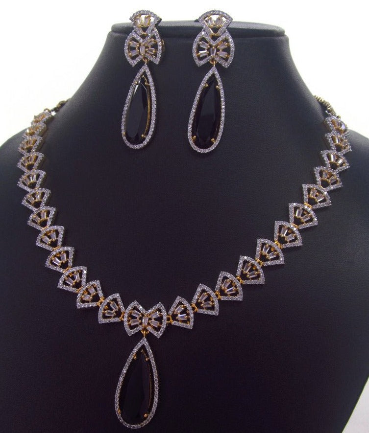 Gold tone statement CZ necklace with Black Sapphire Stone