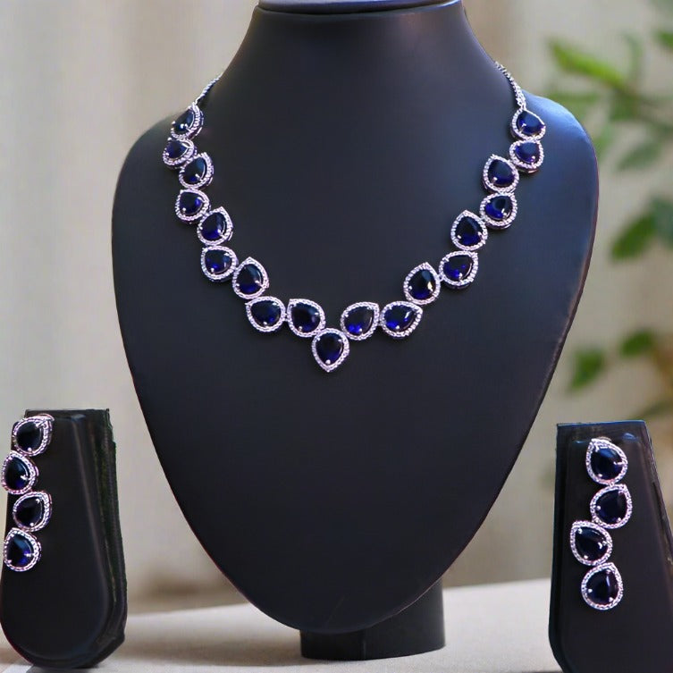 Sapphire Blue Stones CZ AD Statement Necklace Set