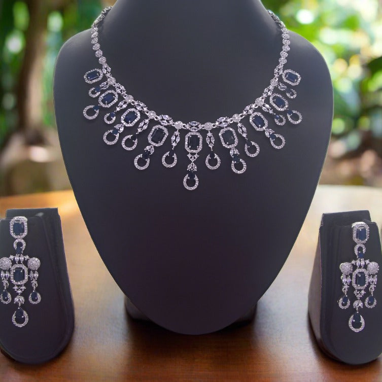 Statement CZ AD Diamond Necklace Set with Sapphire Blue Stones