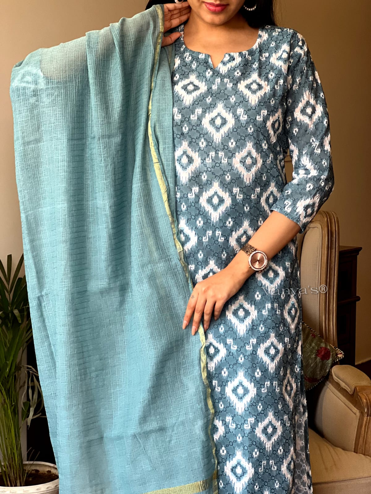 Blue Cotton Kurta Set with Chikankari Work