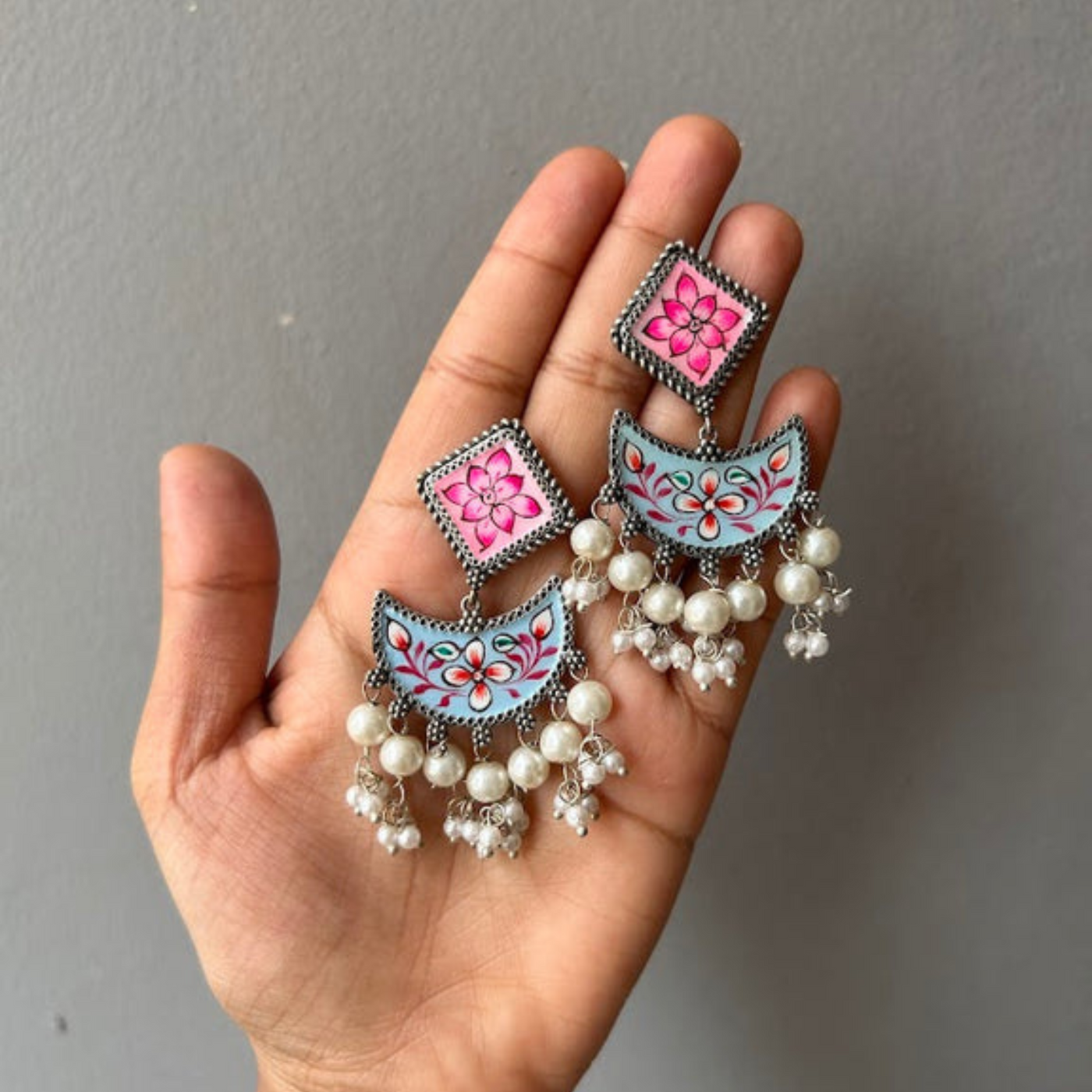 Handpainted Geometric Earrings with Oxidized Pearl Accents