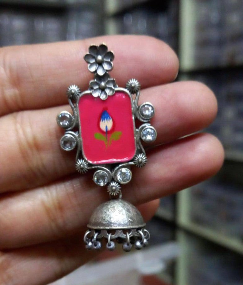Geometric Enamel Handpainted Jaipur Jhumka Earrings