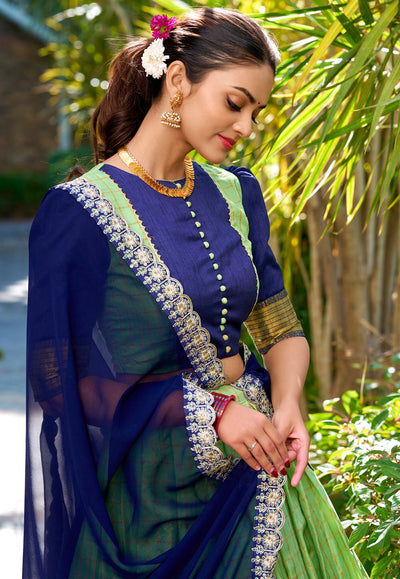 Pista Green Zari Weaving Half Saree Lehenga