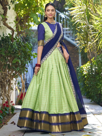 Pista Green Zari Weaving Half Saree Lehenga