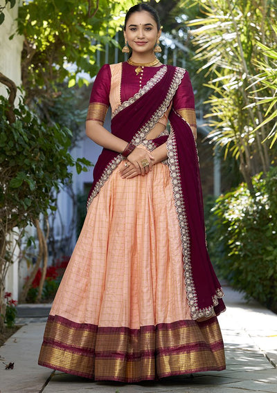 Peach and Maroon Zari Weaving Half Saree Lehenga