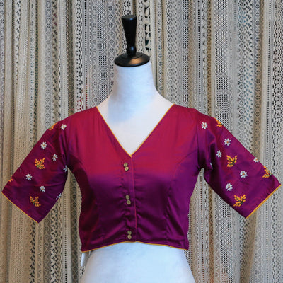 Hand Embroidered Silk Cotton Blouse with Floral Detailing and High Neckline