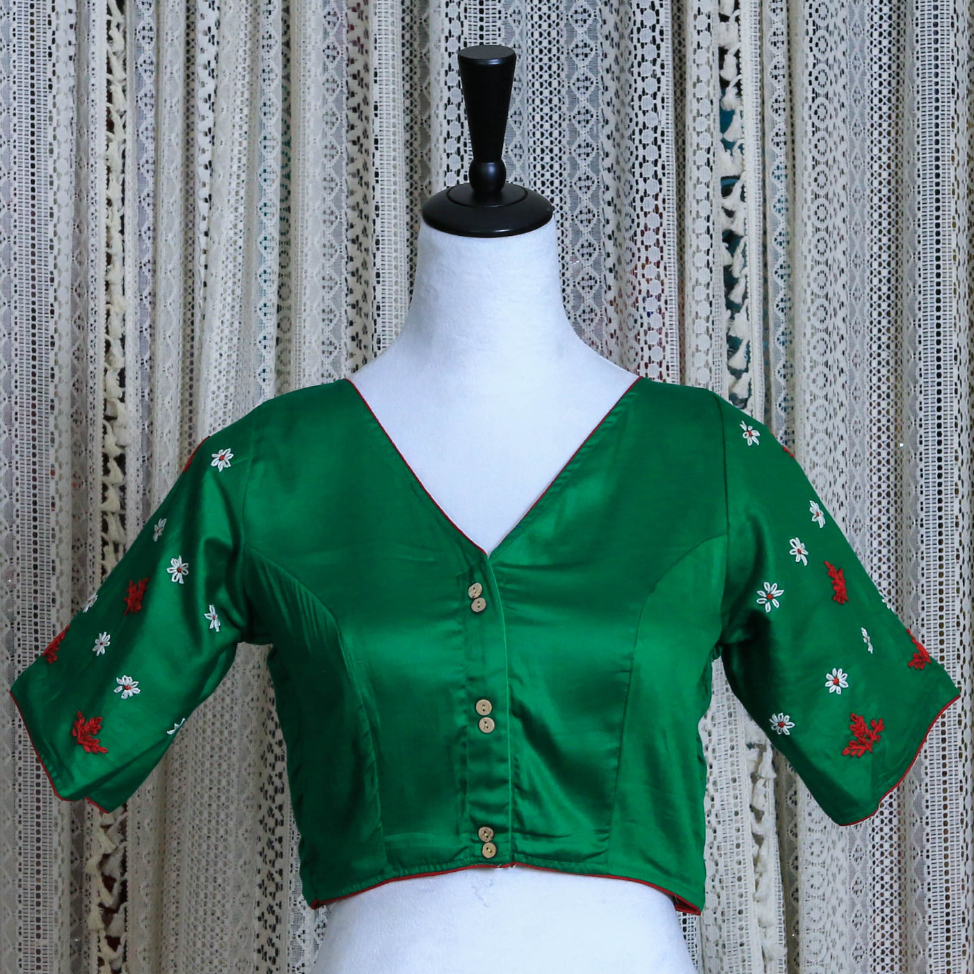 Hand Embroidered Silk Cotton Blouse with Floral Detailing and High Neckline