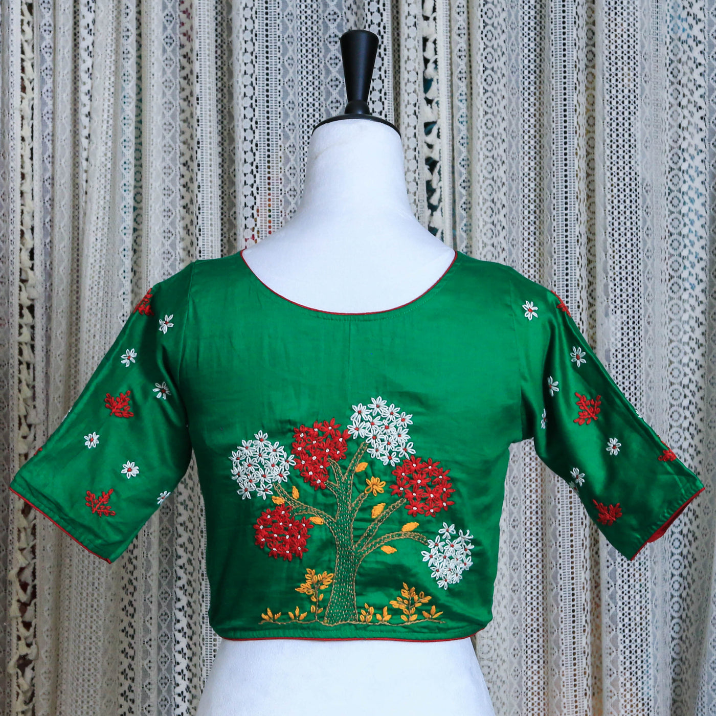 Hand Embroidered Silk Cotton Blouse with Floral Detailing and High Neckline