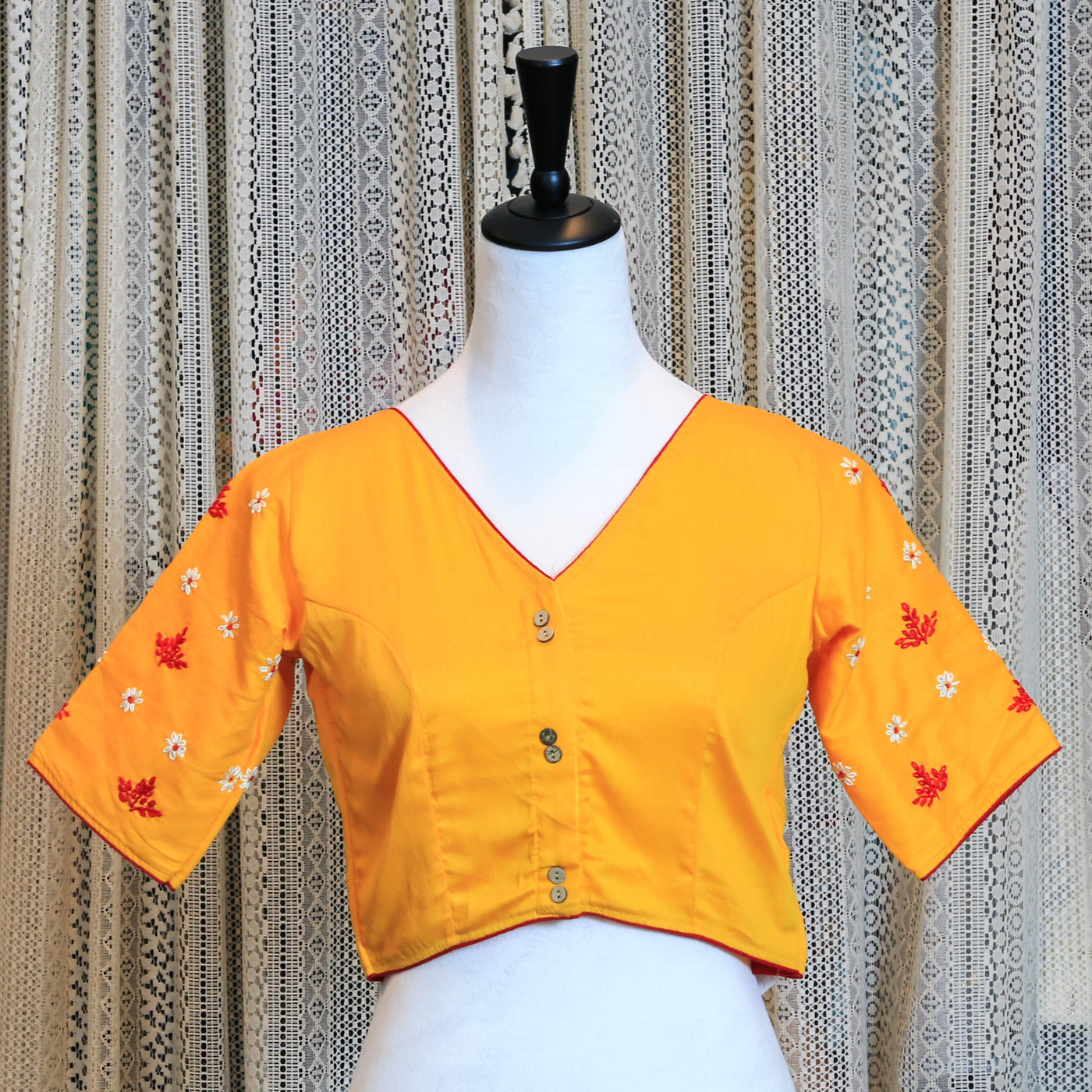 Hand Embroidered Silk Cotton Blouse with Floral Detailing and High Neckline