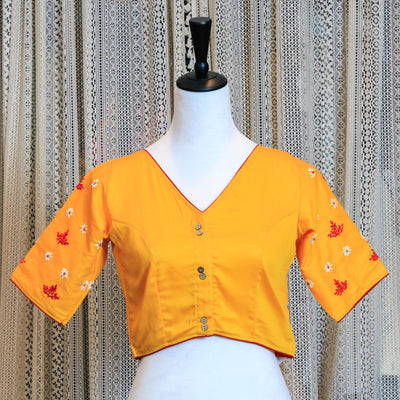 Hand Embroidered Silk Cotton Blouse with Floral Detailing and High Neckline