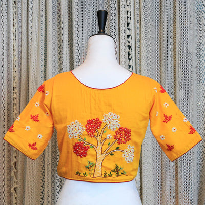 Hand Embroidered Silk Cotton Blouse with Floral Detailing and High Neckline