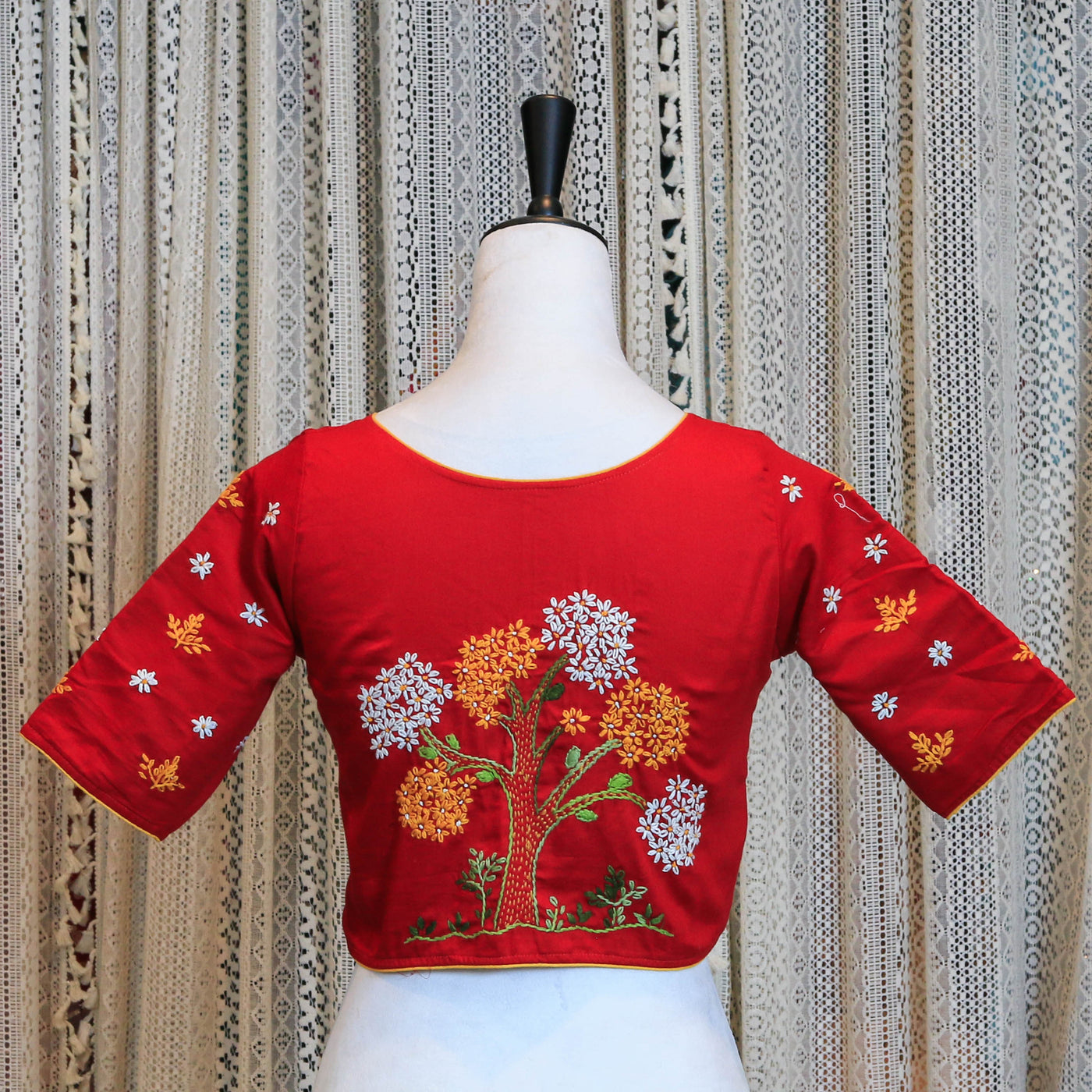 Hand Embroidered Silk Cotton Blouse with Floral Detailing and High Neckline