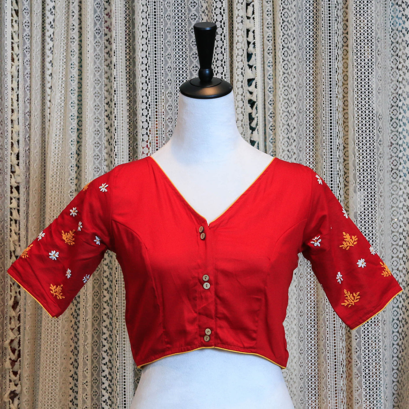 Hand Embroidered Silk Cotton Blouse with Floral Detailing and High Neckline