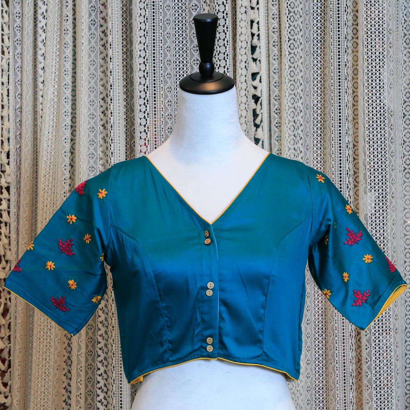 Hand Embroidered Silk Cotton Blouse with Floral Detailing and High Neckline