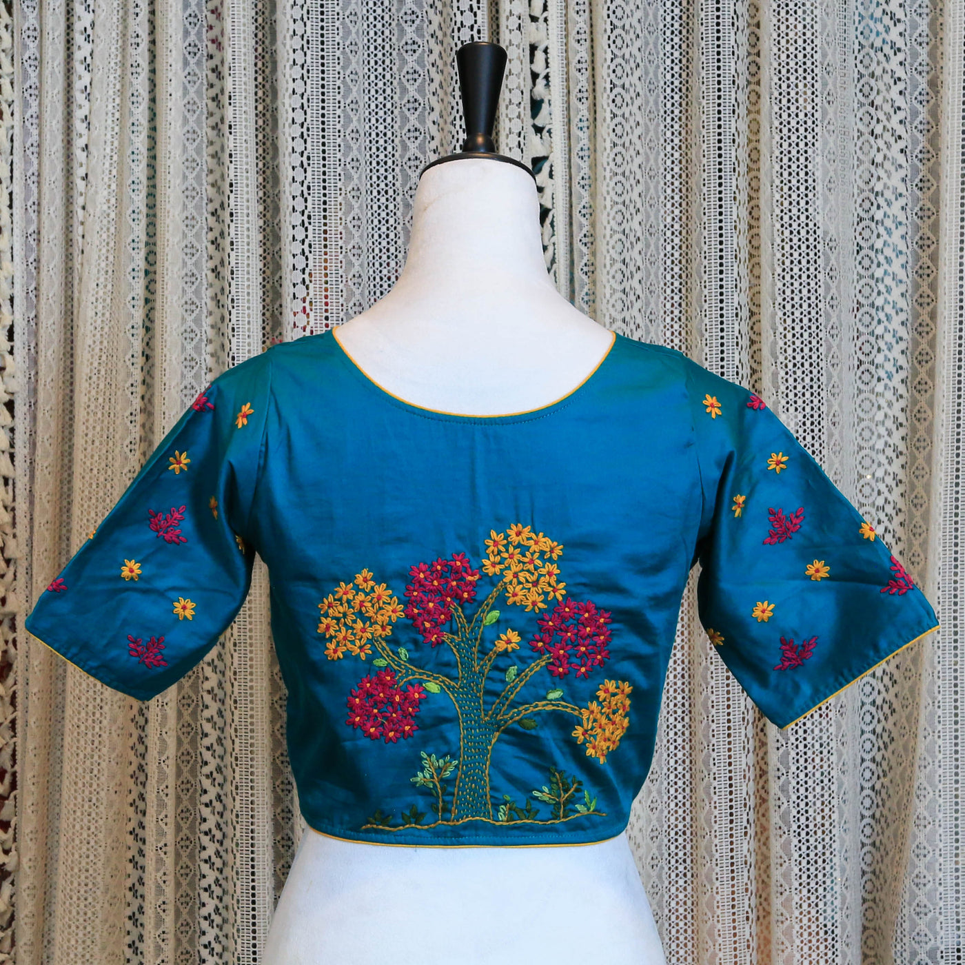 Hand Embroidered Silk Cotton Blouse with Floral Detailing and High Neckline