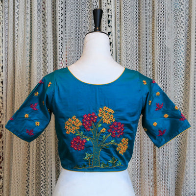 Hand Embroidered Silk Cotton Blouse with Floral Detailing and High Neckline