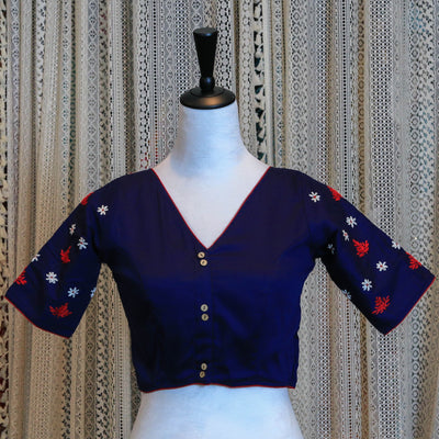 Hand Embroidered Silk Cotton Blouse with Floral Detailing and High Neckline