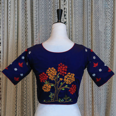 Hand Embroidered Silk Cotton Blouse with Floral Detailing and High Neckline