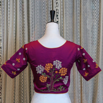 Hand Embroidered Silk Cotton Blouse with Floral Detailing and High Neckline