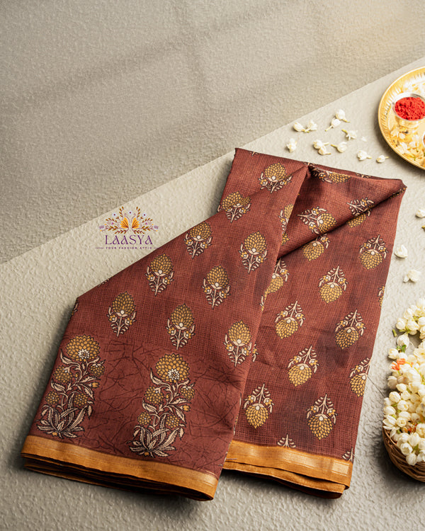 Pure Chanderi Silk Cotton with Hand Block Print in Brown Shade