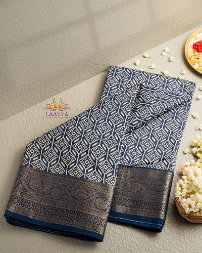 Pure Chanderi Silk Cotton Saree with Antique Zari Border in Blue Shade and Geometric Print