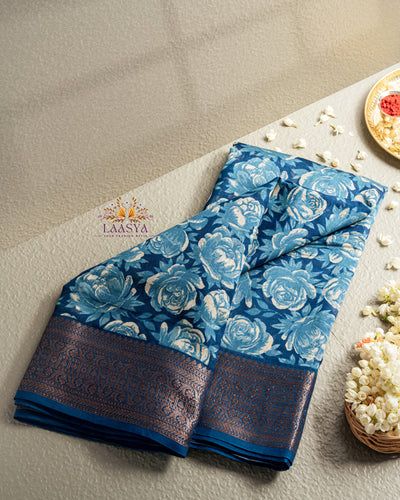 Pure Chanderi Silk Cotton Saree with Antique Zari Border with Blue Floral Patterns