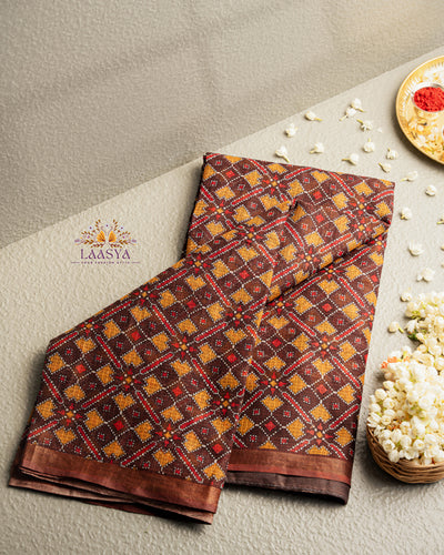 Pure Kota Doria Brown Cotton Saree in Checkered Pattern