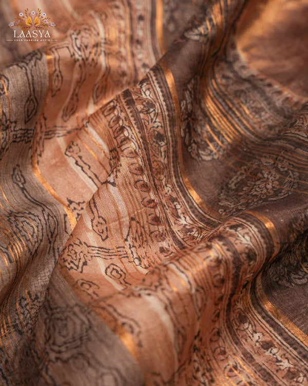 Pure Chanderi Silk Cotton Saree with Hand Block Print in earthy tones