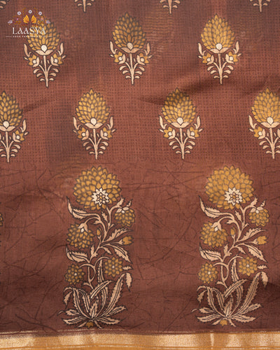 Pure Chanderi Silk Cotton with Hand Block Print in Brown Shade