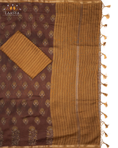 Pure Chanderi Silk Cotton with Hand Block Print in Brown Shade