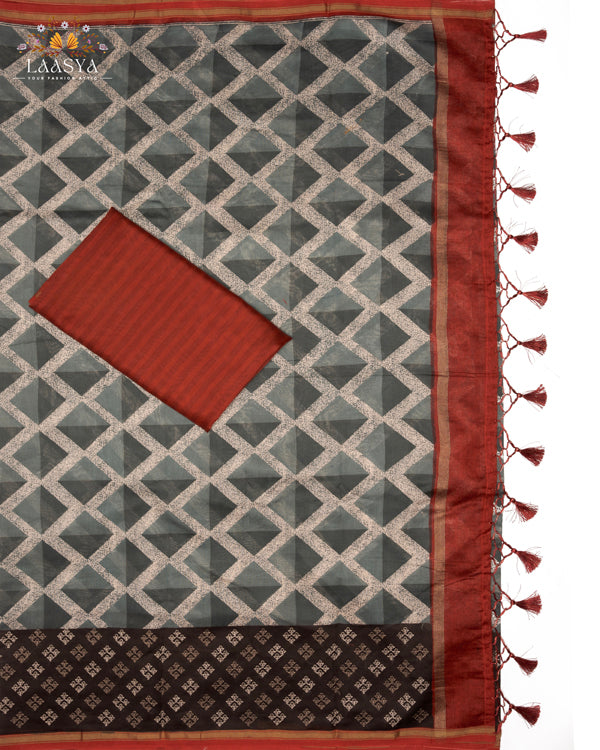 Pure Chanderi Silk Cotton with Hand Block Print in Grey with Geometric Pattern