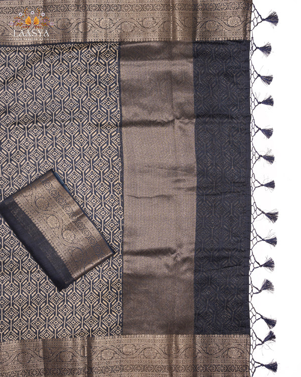 Pure Chanderi Silk Cotton Saree with Antique Zari Border in Blue Shade and Geometric Print