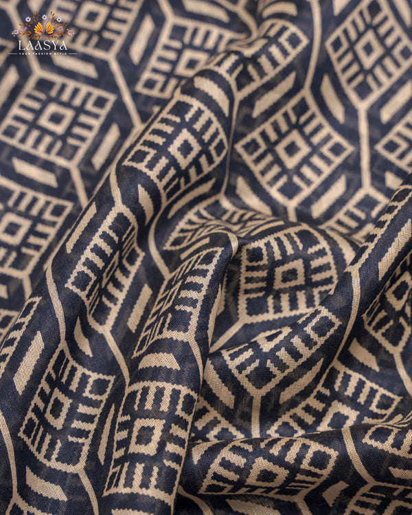 Pure Chanderi Silk Cotton Saree with Antique Zari Border in Blue Shade and Geometric Print