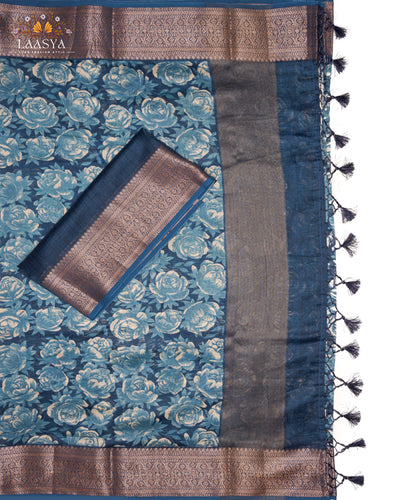 Pure Chanderi Silk Cotton Saree with Antique Zari Border with Blue Floral Patterns