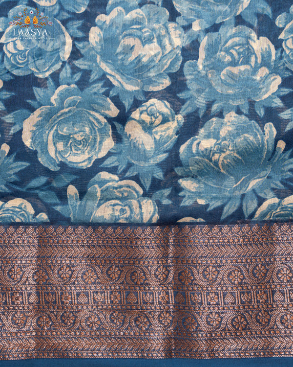 Pure Chanderi Silk Cotton Saree with Antique Zari Border with Blue Floral Patterns