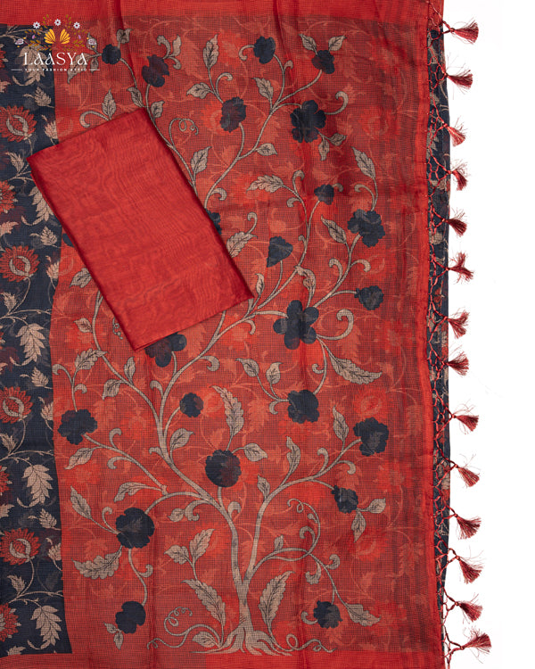 Pure Kota Doria Cotton Saree in Blue and Red Floral Jaal Pattern