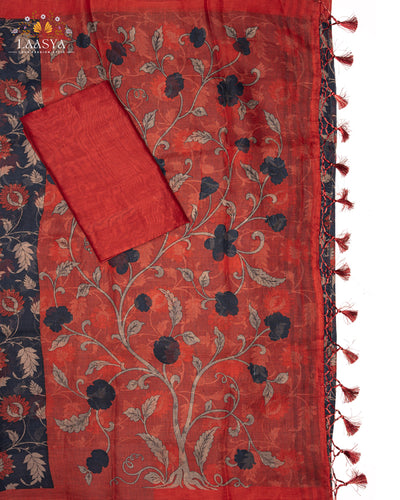 Pure Kota Doria Cotton Saree in Blue and Red Floral Jaal Pattern