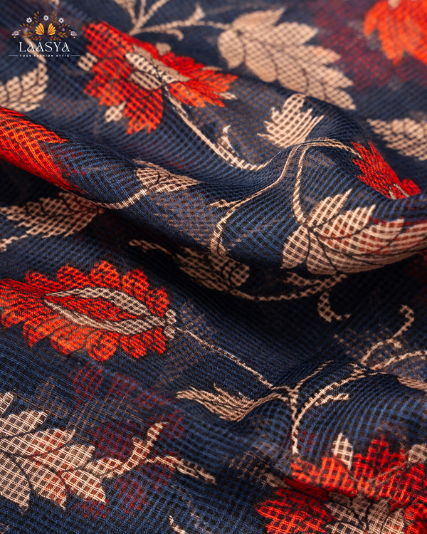 Pure Kota Doria Cotton Saree in Blue and Red Floral Jaal Pattern