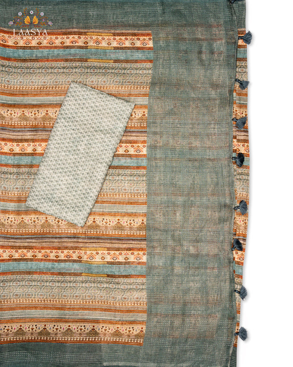 Pure Organic Linen Premium Quality Digital Print Saree in Baby Blue Shade